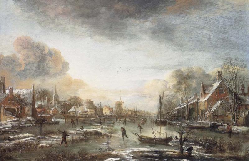 Aert van der Neer A Frozen River by a Town at Evening china oil painting image